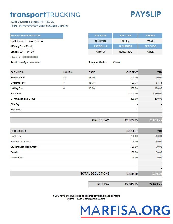 Blank Transport company payroll real example